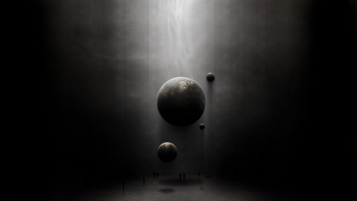 Planets and people in a dark, textured hall