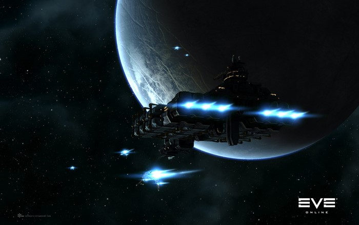 Spaceship near a planet in EVE Online