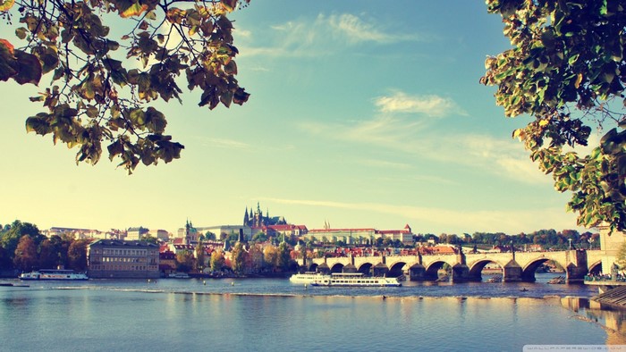 Prague Castle and Charles Bridge over Vltava River