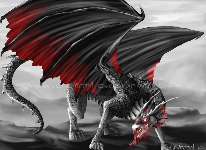 Black and red dragon in a fantasy landscape