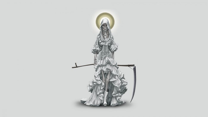 Skeleton Grim Reaper in White Dress with Scythe and Halo