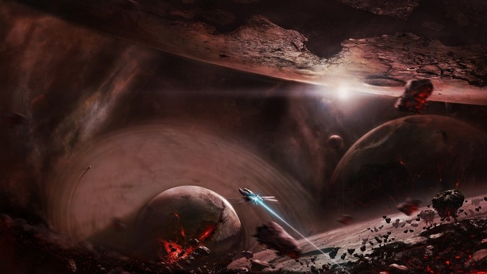 Spaceship navigating a cosmic debris field with planets