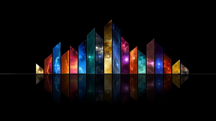 Abstract digital art with colorful geometric shapes and reflections