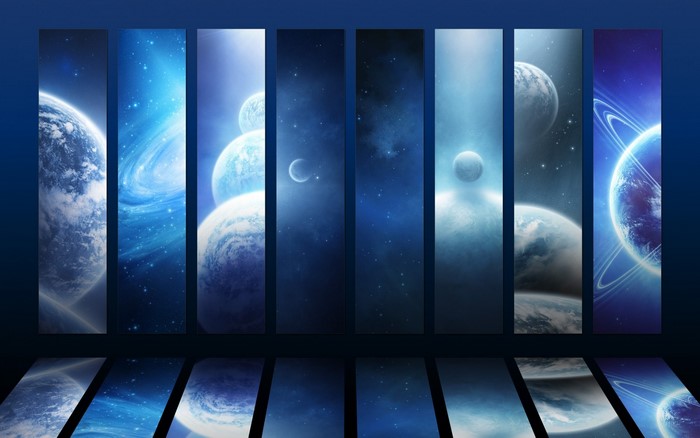 Space art with planets and nebulae in vertical panels