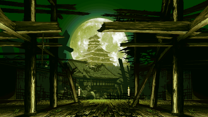 Pixel art of a Japanese castle at night under a full moon