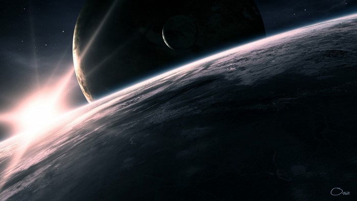Sunrise over a planet with a moon and another planet