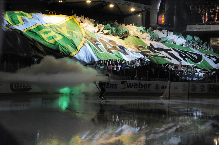 Ice hockey players and fans with banners and smoke