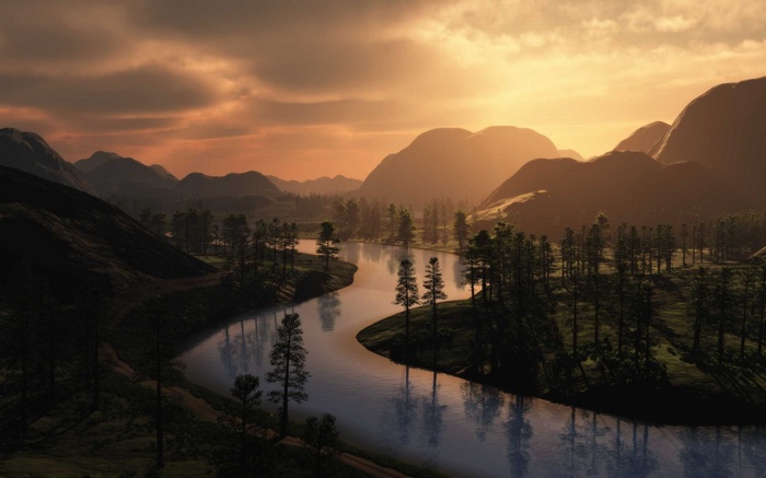 River winding through mountains at sunset