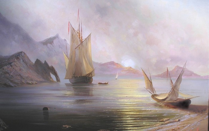 Painting of sailboats on the sea at dawn or dusk