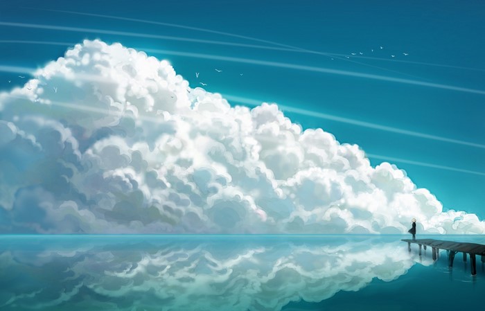A lone figure stands on a pier overlooking a vast ocean and clouds