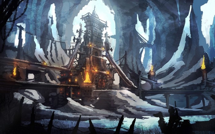 Fantasy art of a settlement in a cave