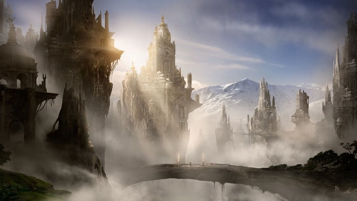 Fantasy city on floating islands with mountains