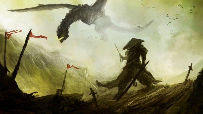 Samurai warrior faces a dragon in a misty landscape