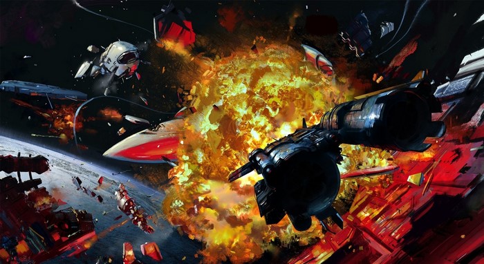 Spaceships exploding in science fiction artwork