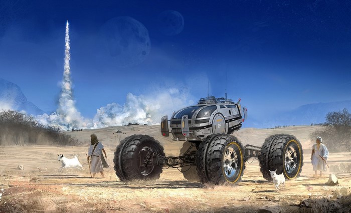 Futuristic vehicle on a desert planet with a rocket launch