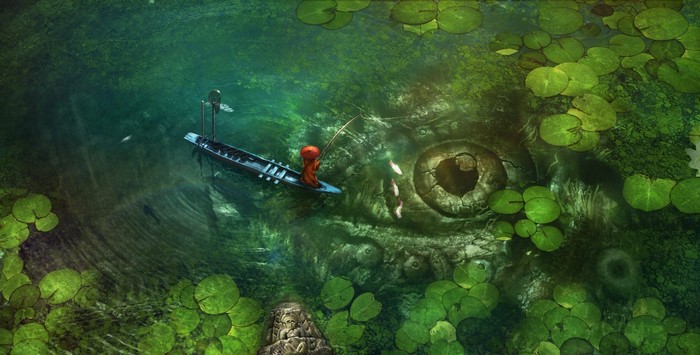 A person fishing in a boat on a mystical green lake