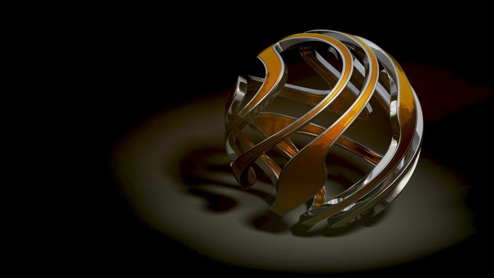 Abstract metallic sphere with orange and silver ribbons