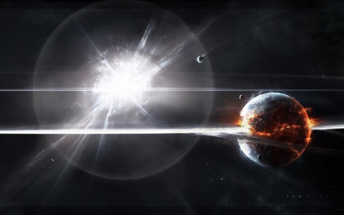 Explosion in outer space with a planet