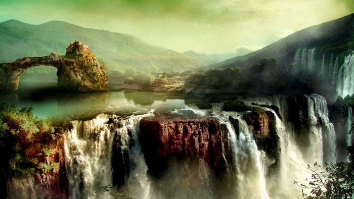 Fantasy landscape with waterfalls and a castle on a rock arch