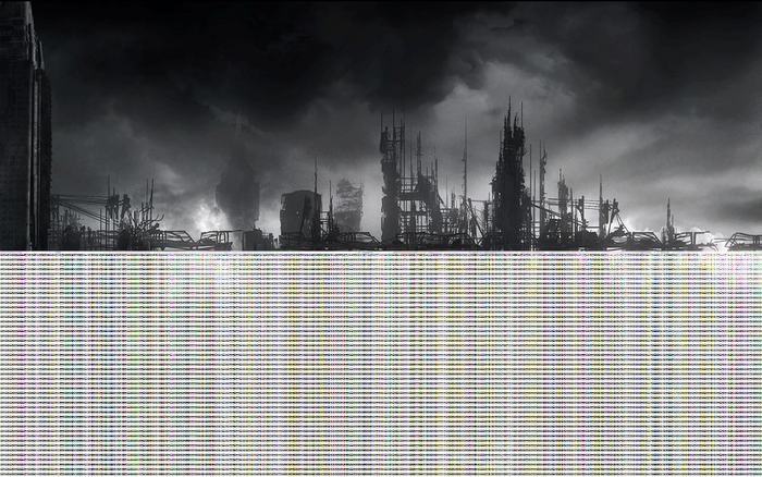 Monochrome futuristic cityscape with dark clouds