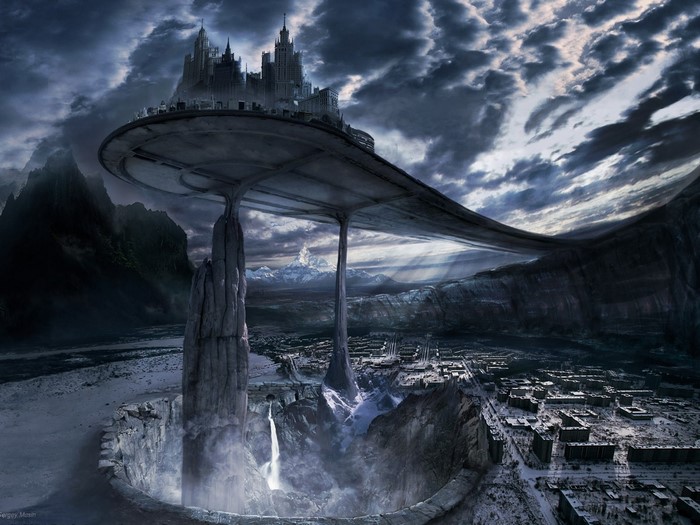 Fantasy city on a floating platform over a chasm