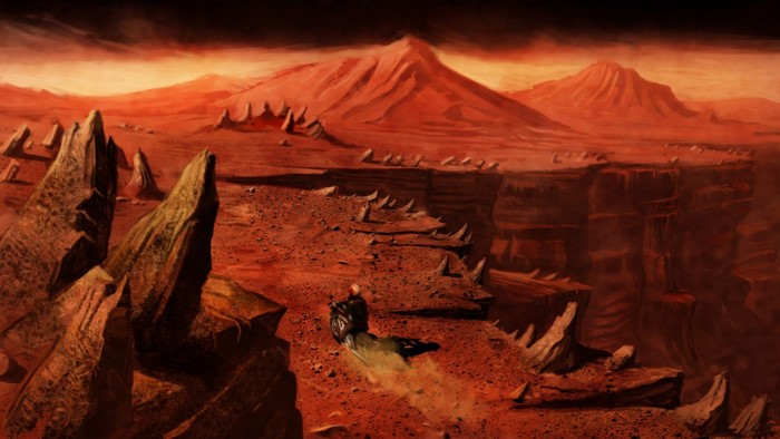 A lone rider on a futuristic vehicle traverses a desolate Martian landscape.