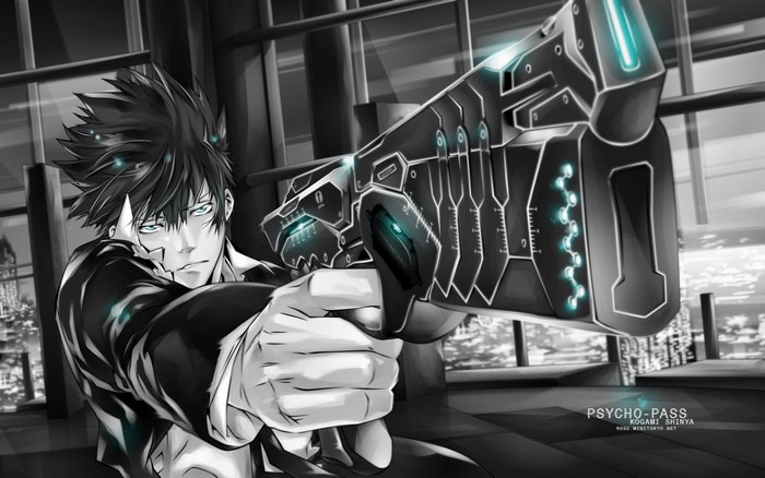 Kogami Shinya from Psycho-Pass holding a Dominator gun