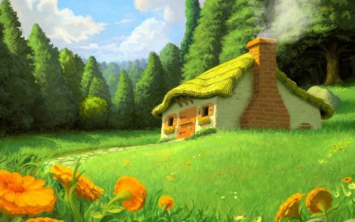 A quaint cottage with a thatched roof in a vibrant green meadow.