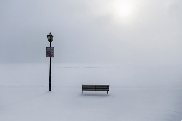 Bench and lamppost in a foggy winter landscape