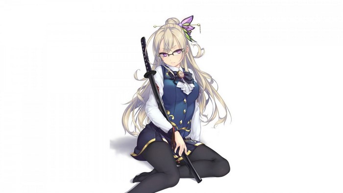 Anime girl with blonde hair, purple eyes, and katana