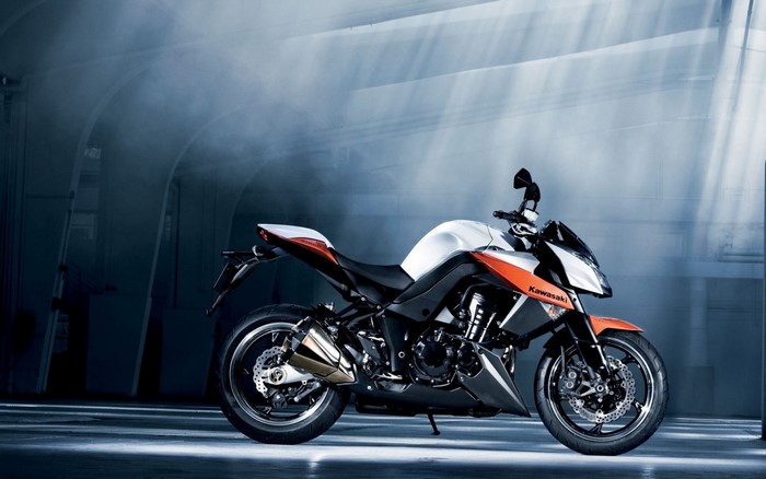 Kawasaki Z1000 motorcycle in a garage