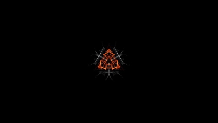 Symmetrical fractal art with orange and white elements on black