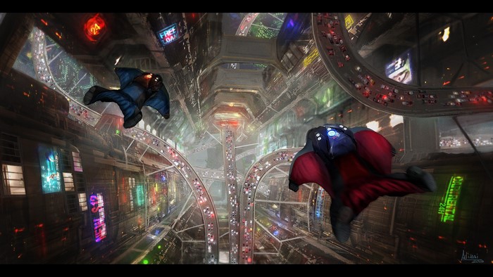 Futuristic cityscape with people in wingsuits