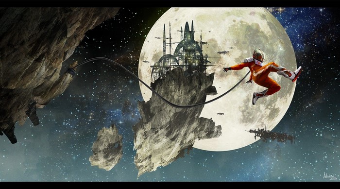 Astronaut jumping near a moon with a space station