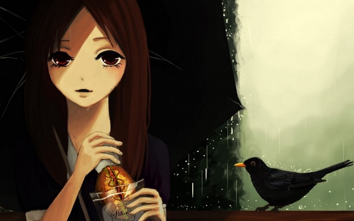 Anime girl with umbrella and bird in the rain