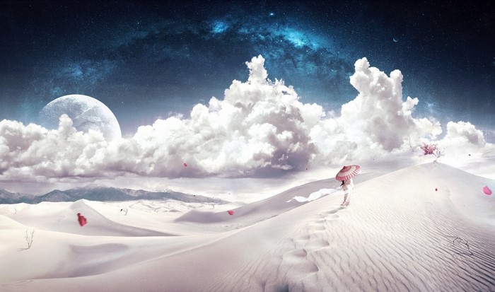 Surreal desert landscape with a woman and a moon
