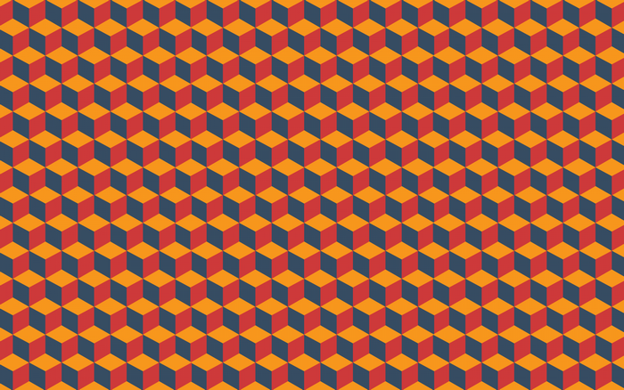 Abstract geometric pattern of cubes in red, blue, and orange