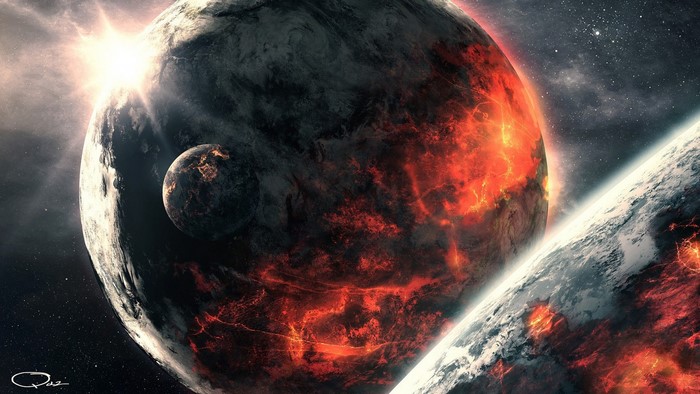 Volcanic planets and a moon in space