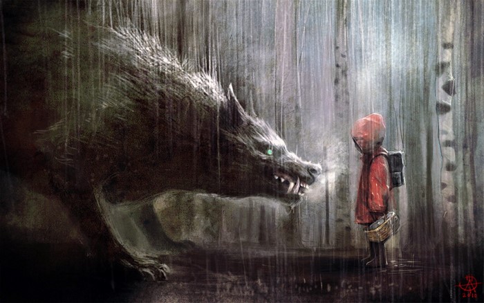 Little Red Riding Hood encounters a wolf in a forest