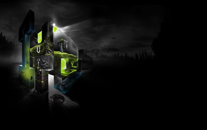 Digital art with abstract structures and nature elements