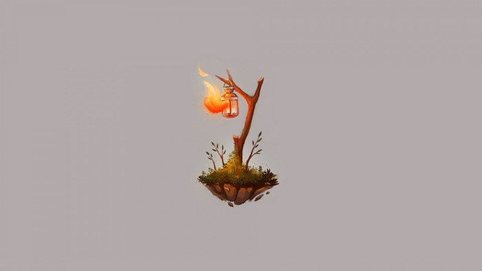 Floating island with a burning lantern on a tree