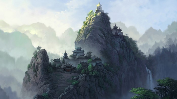 Fantasy mountain landscape with temples and mist