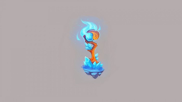 Magical staff with blue crystals and fire