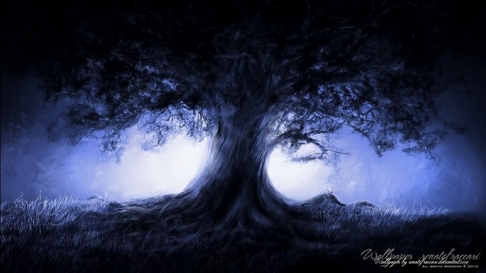 Fantasy art of a large tree in mist