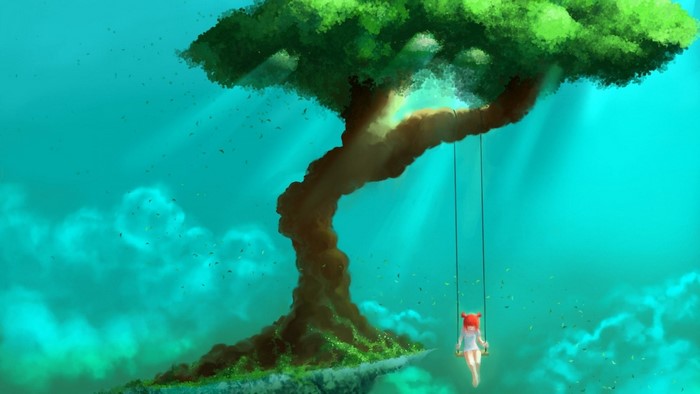 Girl on a swing under a large tree on a floating island