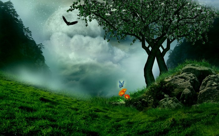 Fantasy landscape with moon, eagle, and tree