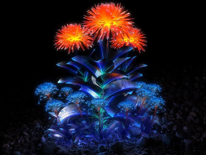 Digital art illustration of glowing alien flowers