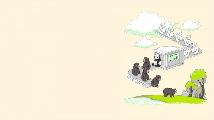 Bears and panda on a conveyor belt with a printer