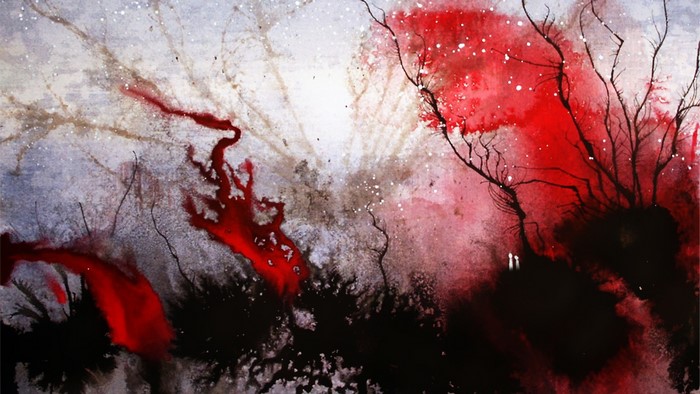 Abstract red and grey watercolor painting with dark branches