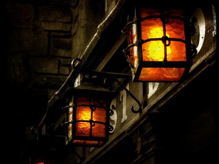 Old building with lanterns at night